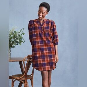 Garnet Hill Feather-Wale Cord Plaid Long Sleeve Winter Women’s Dress Medium